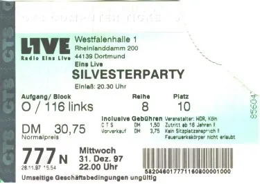 Ticket 1LIVE Silvesterparty in der Westfalenhalle Dortmund