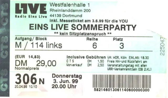 Ticket 1LIVE Sommerparty in der Westfalenhalle Dortmund