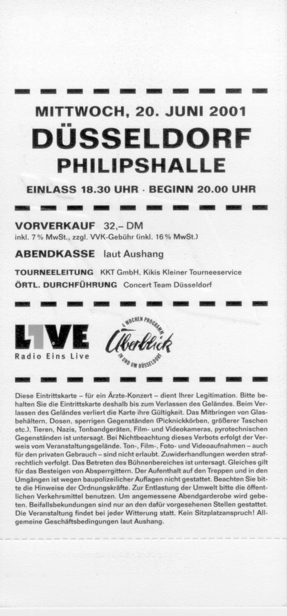 Ticket Rückseite die ärzte in der Philipshalle Düsseldorf