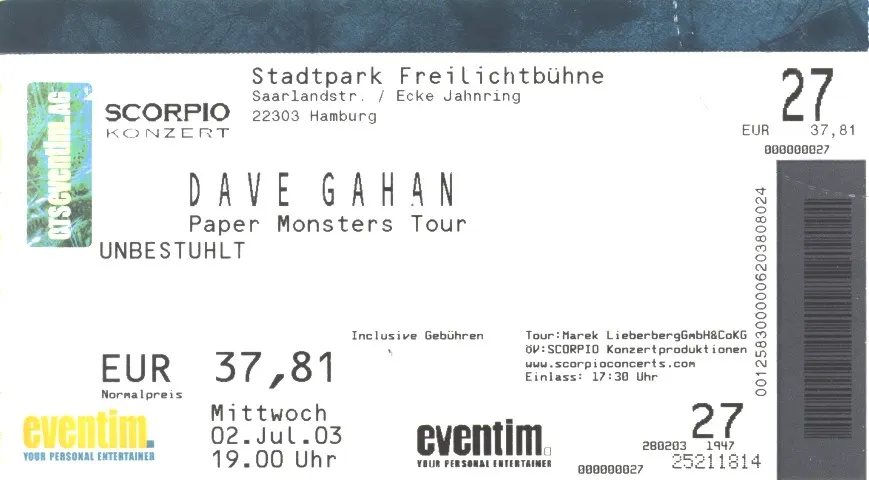 Ticket für Dave Gahan mit Kashmir auf der Paper Monsters Tour im Stadtpark Hamburg