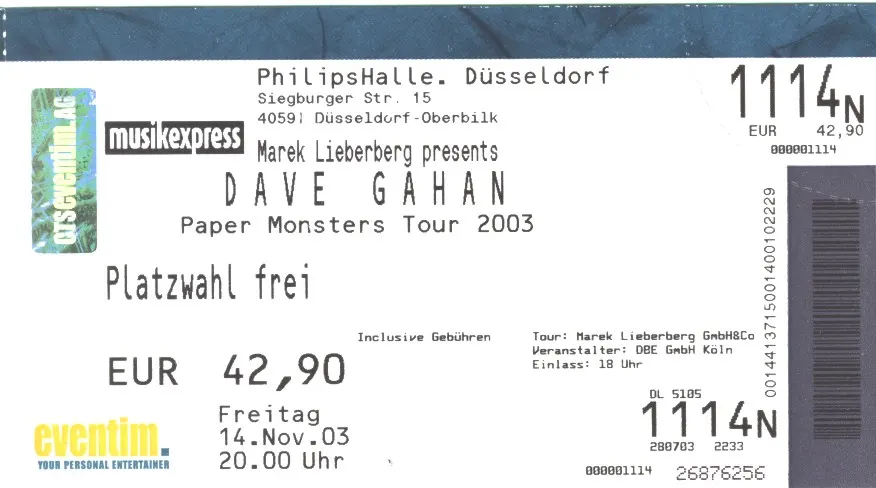 Ticket für Dave Gahan mit The Whyte Seeds auf der Paper Monsters Tour in Düsseldorf