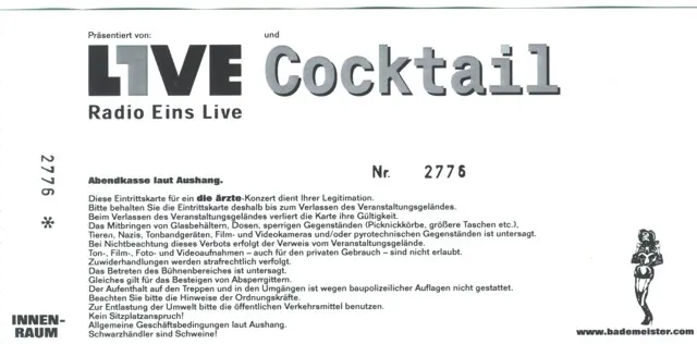 Rückseite des Tickets für die ärzte in der König-Pilsener-Arena Oberhausen