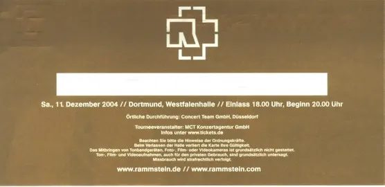 Ticketrückseite für Rammstein in der Westfalenhalle Dortmund am 11. Dezember 2004