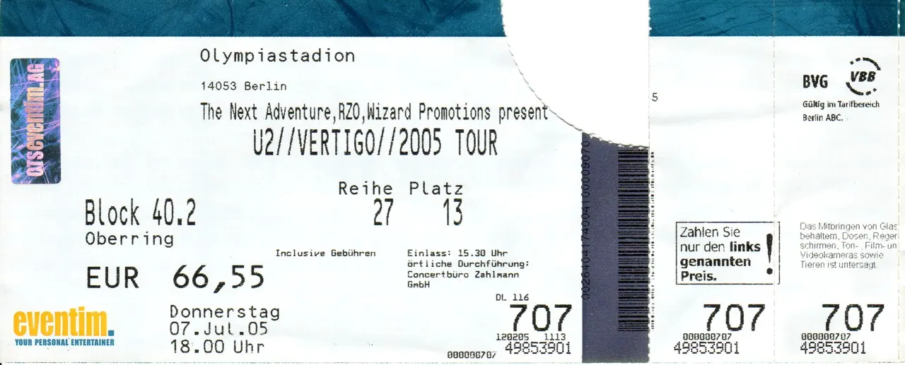 Ticket für U2 auf der Vertigo Tour im Olympiastadion Berlin am 7. Juli 2005