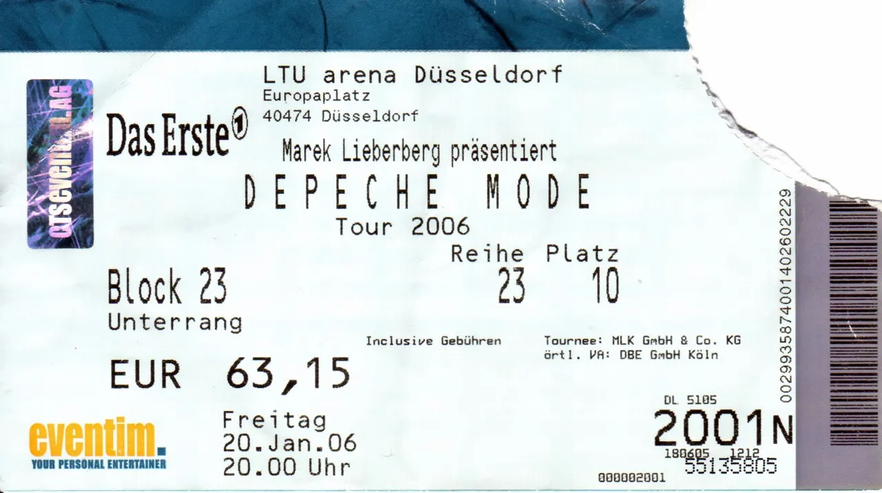 Ticket für Depeche Mode auf der Touring the Angel Tour in der LTU-Arena Düsseldorf am 20. Januar 2006