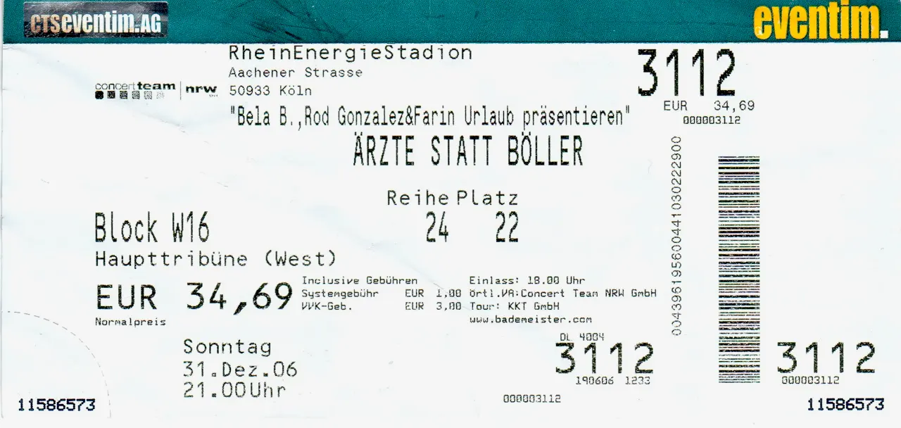 Ticket für die ärzte statt Böller im RheinEnergieStadion Köln am 31. Dezember 2006