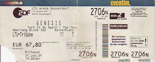 Ticket für Genesis auf der Turn It On Again Tour in der LTU-Arena Düsseldorf am 27. Juni 2007
