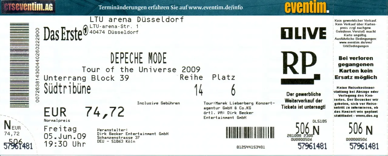 Ticket für Depeche Mode auf der Tour of the Universe in der LTU-Arena Düsseldorf