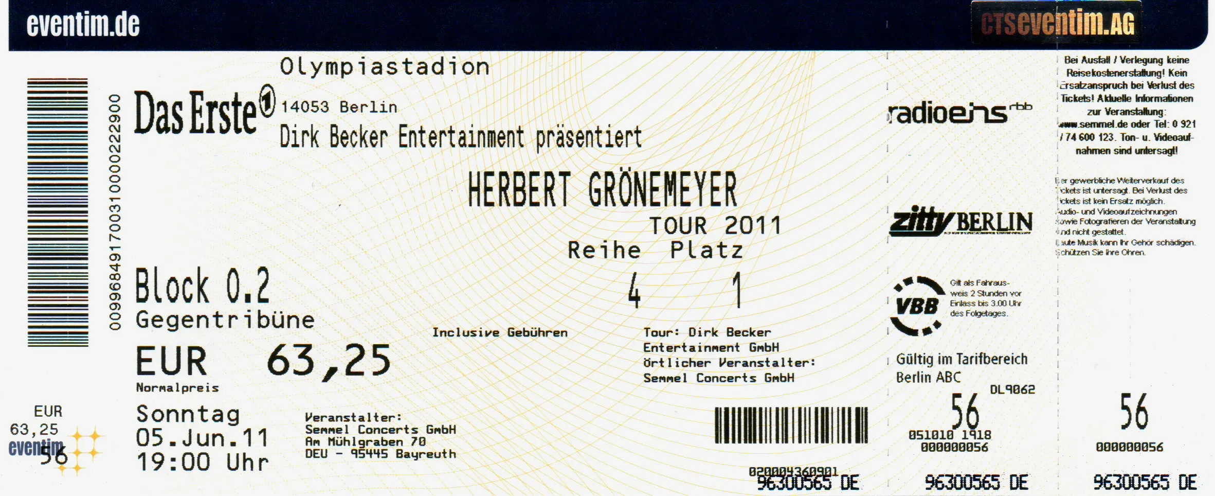 Ticket für Herbert Grönemeyer im Olympiastadion Berlin am 5. Juni 2011