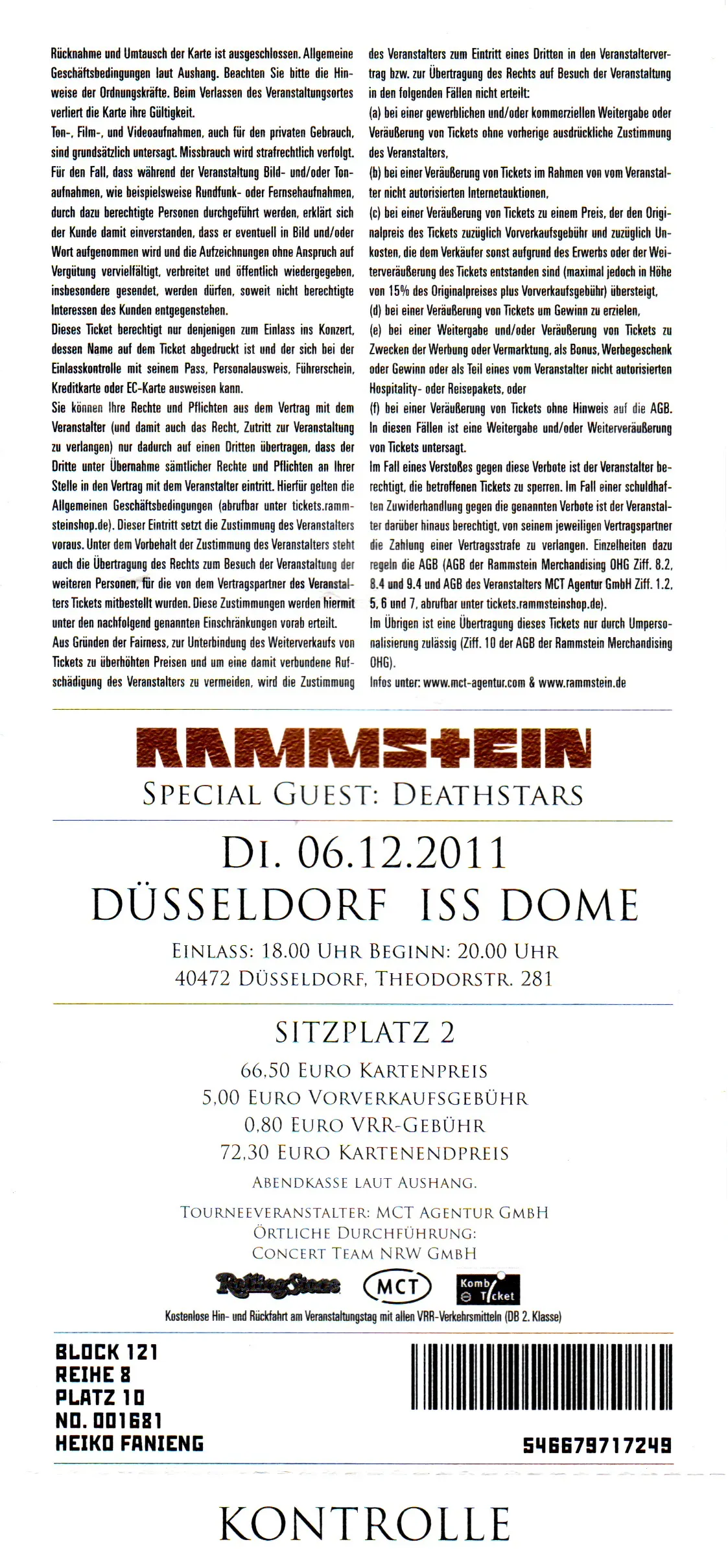 Ticketrückseite für Rammstein in Düsseldorf mit Deathstars als Support