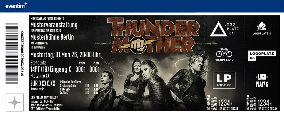 Eventim-Musterticket mit Thundermother-Motiv und Platzhalterdaten